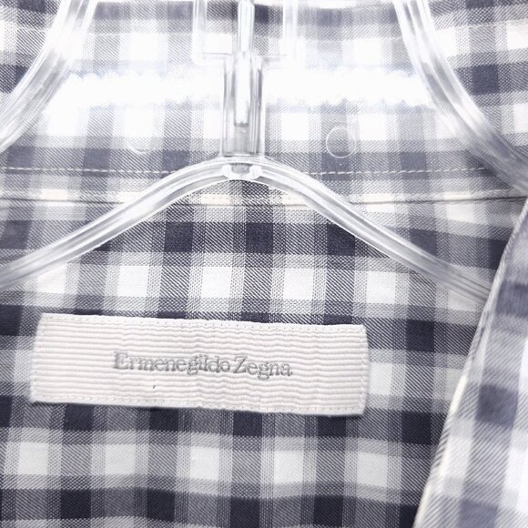 ERMENEGILDO ZEGNA Shirt Gray White Check Plaid 100% Cotton Size XL - Picture 7 of 11